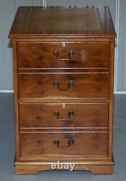 Stunning Pair Of Burr Yew Wood Office Filing Cabinets With Green Leather Tops