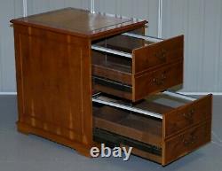 Stunning Pair Of Burr Yew Wood Office Filing Cabinets With Green Leather Tops