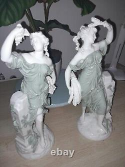 Stunning Pair Of GREEN AND WHITE Figurines Porcelain Art Nouveau 14 Inches RARE