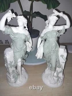 Stunning Pair Of GREEN AND WHITE Figurines Porcelain Art Nouveau 14 Inches RARE