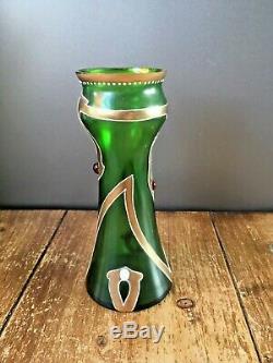Stunning Rare Secessionist Bohemian Art Nouveau Green & Gold Cabochon Vase Moser
