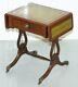 Stunning Small Side Table With Extending Green Leather Gold Leaf Embossed Top