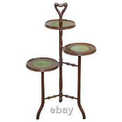 Stunning Three Tiered Mahogany & Green Leather Whatnot Side Table Plant Stand