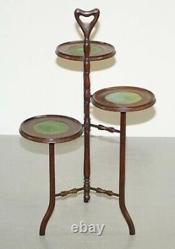 Stunning Three Tiered Mahogany & Green Leather Whatnot Side Table Plant Stand