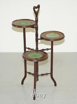 Stunning Three Tiered Mahogany & Green Leather Whatnot Side Table Plant Stand