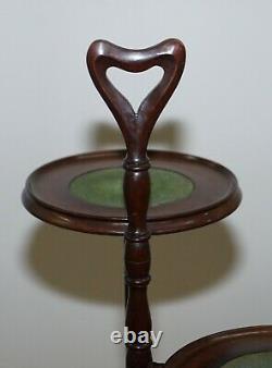 Stunning Three Tiered Mahogany & Green Leather Whatnot Side Table Plant Stand