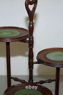 Stunning Three Tiered Mahogany & Green Leather Whatnot Side Table Plant Stand