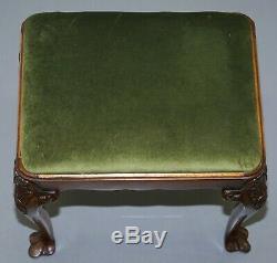 Stunning Victorian Hand Carved Cabriolet Leg Stool With Green Velour Seat Pad