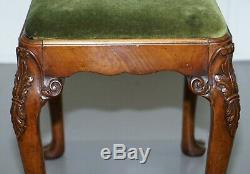 Stunning Victorian Hand Carved Cabriolet Leg Stool With Green Velour Seat Pad