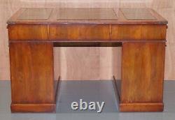 Stunning Vintage Burr Yew Wood Military Campaign Pedestal Green Leather Top Desk