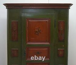 Sumlime Hand Painted Green Austrian Circa 1800 Hall Cupboard Wardrobe Floral