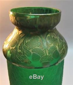 Superb 11.5 LEGRAS FRENCH Green Cameo Glass Vase in Emerald c. 1900 antique