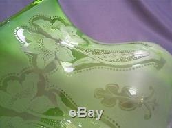 Superb Antique Victorian Art Nouveau Etched/frosted Green Glass Oil Lamp Shade