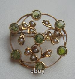 Superb Art Nouveau Edwardian 9ct Gold Peridot & Seed Pearl Openwork Brooch c1910