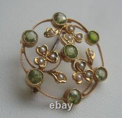 Superb Art Nouveau Edwardian 9ct Gold Peridot & Seed Pearl Openwork Brooch c1910