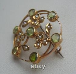 Superb Art Nouveau Edwardian 9ct Gold Peridot & Seed Pearl Openwork Brooch c1910