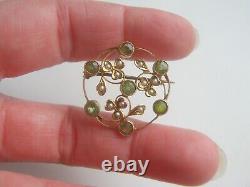 Superb Art Nouveau Edwardian 9ct Gold Peridot & Seed Pearl Openwork Brooch c1910