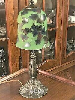 Superb Hand Painted 20 High Green Glass and Bronze Art Nouveau Style Table Lamp