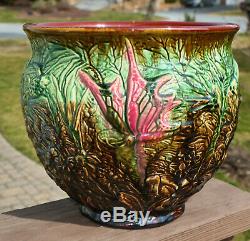 Superb Large Antique Weller Art Nouveau Pottery Majolica Jardiniere Butterflies