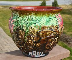 Superb Large Antique Weller Art Nouveau Pottery Majolica Jardiniere Butterflies