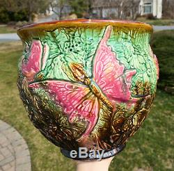 Superb Large Antique Weller Art Nouveau Pottery Majolica Jardiniere Butterflies