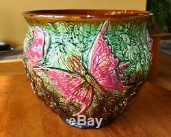 Superb Large Antique Weller Art Nouveau Pottery Majolica Jardiniere Butterflies