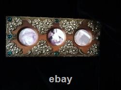 Superb Original Art Nouveau, Metal On Wood Photo Frame, With Green Cabochons