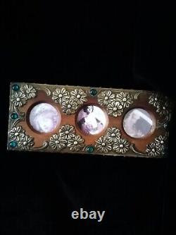 Superb Original Art Nouveau, Metal On Wood Photo Frame, With Green Cabochons