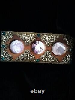 Superb Original Art Nouveau, Metal On Wood Photo Frame, With Green Cabochons