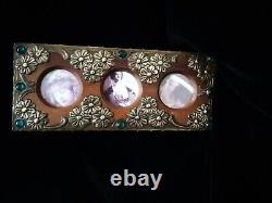 Superb Original Art Nouveau, Metal On Wood Photo Frame, With Green Cabochons