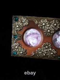 Superb Original Art Nouveau, Metal On Wood Photo Frame, With Green Cabochons