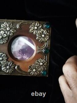 Superb Original Art Nouveau, Metal On Wood Photo Frame, With Green Cabochons