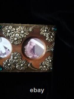 Superb Original Art Nouveau, Metal On Wood Photo Frame, With Green Cabochons