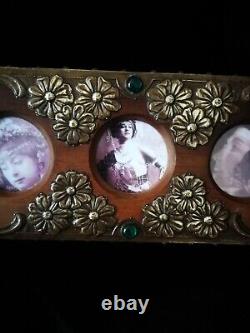 Superb Original Art Nouveau, Metal On Wood Photo Frame, With Green Cabochons