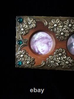 Superb Original Art Nouveau, Metal On Wood Photo Frame, With Green Cabochons