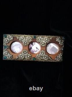 Superb Original Art Nouveau, Metal On Wood Photo Frame, With Green Cabochons