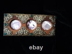 Superb Original Art Nouveau, Metal On Wood Photo Frame, With Green Cabochons
