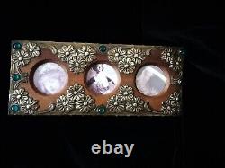 Superb Original Art Nouveau, Metal On Wood Photo Frame, With Green Cabochons