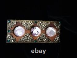 Superb Original Art Nouveau, Metal On Wood Photo Frame, With Green Cabochons