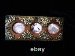 Superb Original Art Nouveau, Metal On Wood Photo Frame, With Green Cabochons