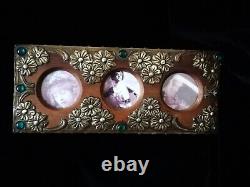 Superb Original Art Nouveau, Metal On Wood Photo Frame, With Green Cabochons