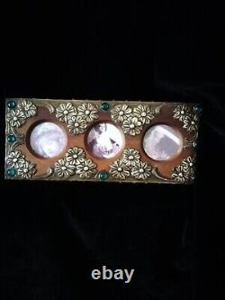 Superb Original Art Nouveau, Metal On Wood Photo Frame, With Green Cabochons
