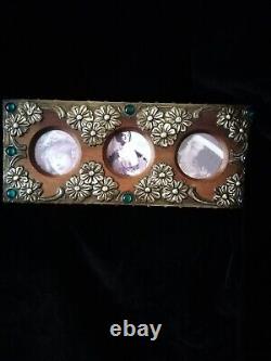 Superb Original Art Nouveau, Metal On Wood Photo Frame, With Green Cabochons