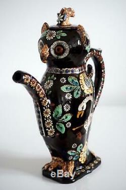 Superb Thoune Pottery Swiss Majolica Owl Form Lidded Jug c. 1900