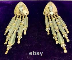 TABRA Topaz Gold Filled Green Jade & Crystal Dangle Art Nouveau Signed Earrings