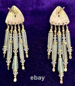TABRA Topaz Gold Filled Green Jade & Crystal Dangle Art Nouveau Signed Earrings