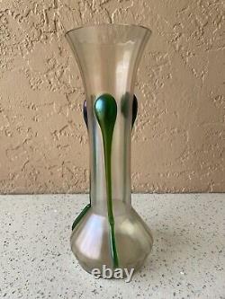 TALL Antique Jugendstil Art Nouveau Loetz Iridescent Glass Vase 3 Drip Melt Nubs