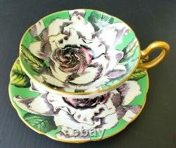 TAYLOR & KENT TEACUP & SAUCER SET RARE ANTIQUE EARLY 1900's WHITE ROSE ON GREEN