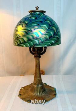 TIFFANY STUDIOS AGED DORE' BASE w GREEN DAMASCENE STYLE 7 ART SHADE HEAT CAP