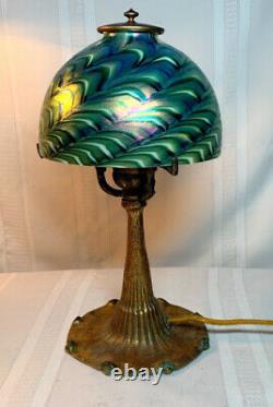 TIFFANY STUDIOS AGED DORE' BASE w GREEN DAMASCENE STYLE 7 ART SHADE HEAT CAP